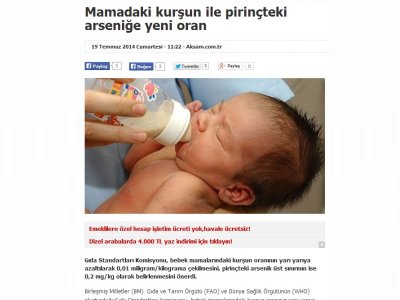 AKŞAM GAZETESİ MAMADAKİ KURŞUN İLE PİRİNÇTEKİ ARSENİĞE YENİ ORAN
