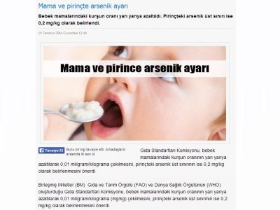 MAMA VE PİRİNÇTE ARSENİK AYARI İLE İLGİLİ ŞUBE BAŞKANIMIZ SEDAT KURU`NUN KONU İLE İLGİLİ AÇIKLAMSININ BASINDAKİ DİĞER YANSIMALARI