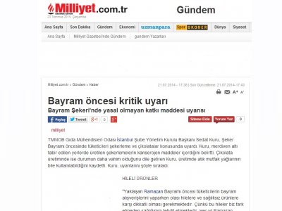 MİLLİYET GAZETESİ İNTERNET SİTESİBAYRAM ÖNCESİ ŞEKERLEME ÇİKOLATA VE TATLILARA DİKKAT

