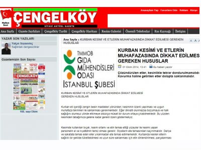 ÇENGELKÖY GAZETESİ KURBAN KESİMİ VE ETLERİN MUHAFAZASINDA DİKKAT EDİLMESİ GEREKEN HUSUSLAR