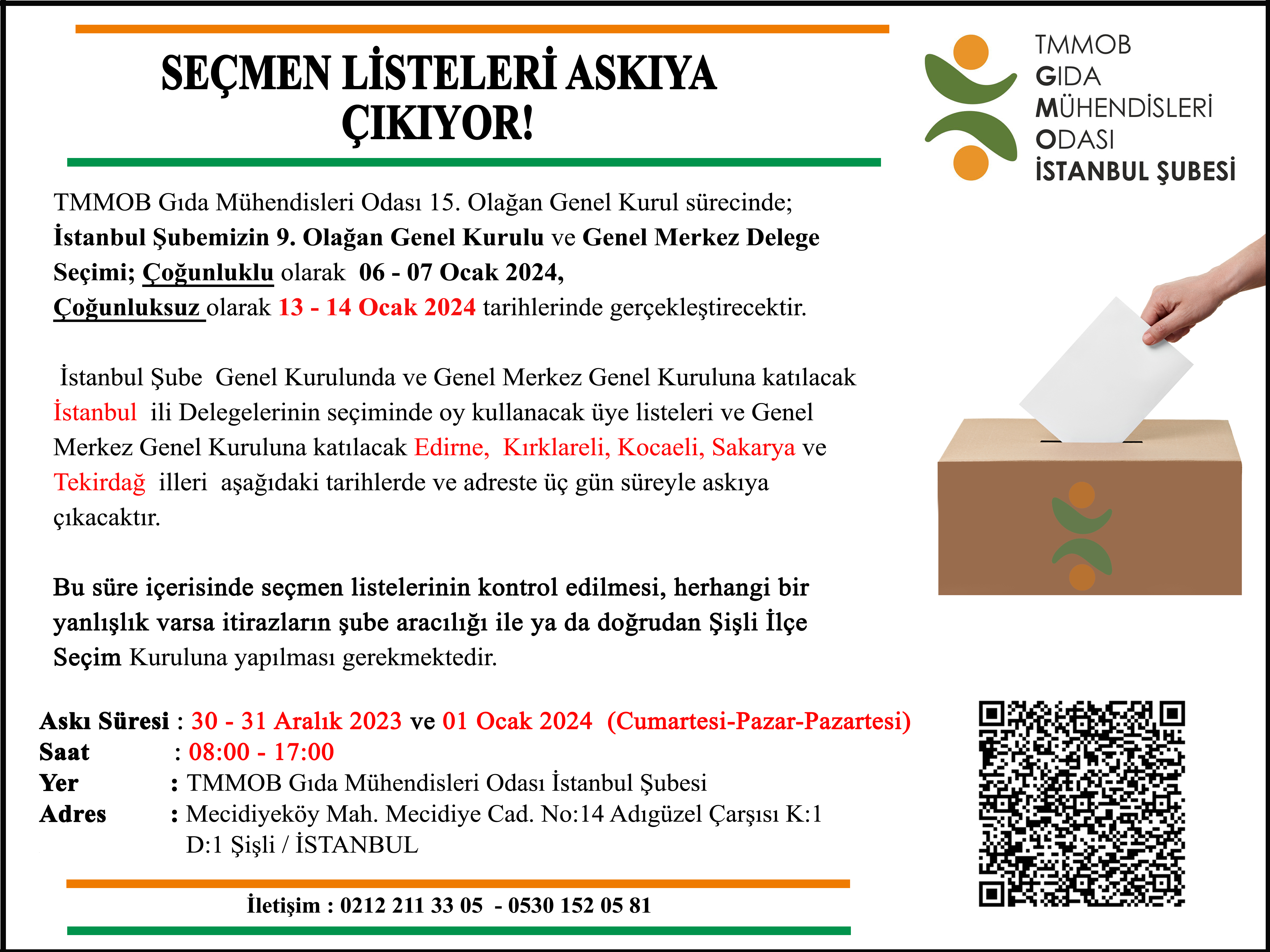📢TMMOB GIDA MÜHENDİSLERİ ODASI İSTANBUL ŞUBE 9. OLAĞAN GENEL KURUL VE DELEGE SEÇİM LİSTELERİ ASKI SÜRELERİ DUYURUSU!
