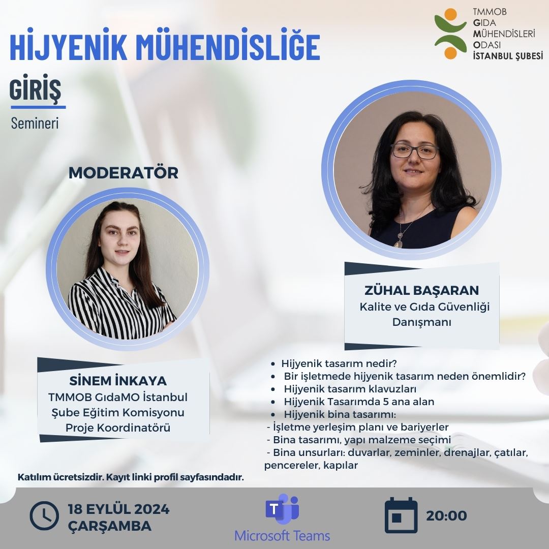 📢 ONLİNE / HİJYENİK MÜHENDİSLİĞE GİRİŞ SEMİNER DUYURUSU