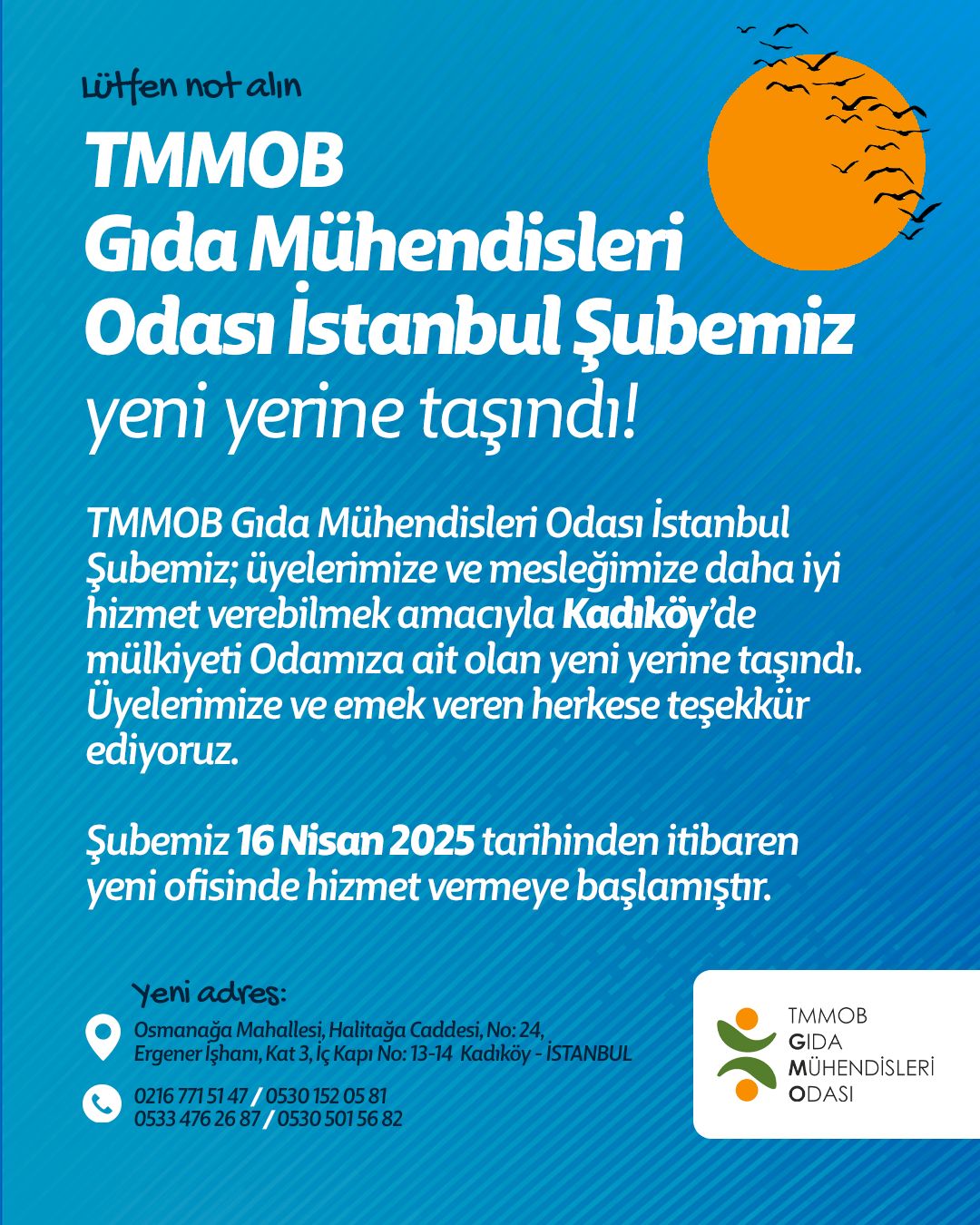 TMMOB Gıda Mühendisleri Odası İstanbul Şubemiz Yeni Yerini Taşındı