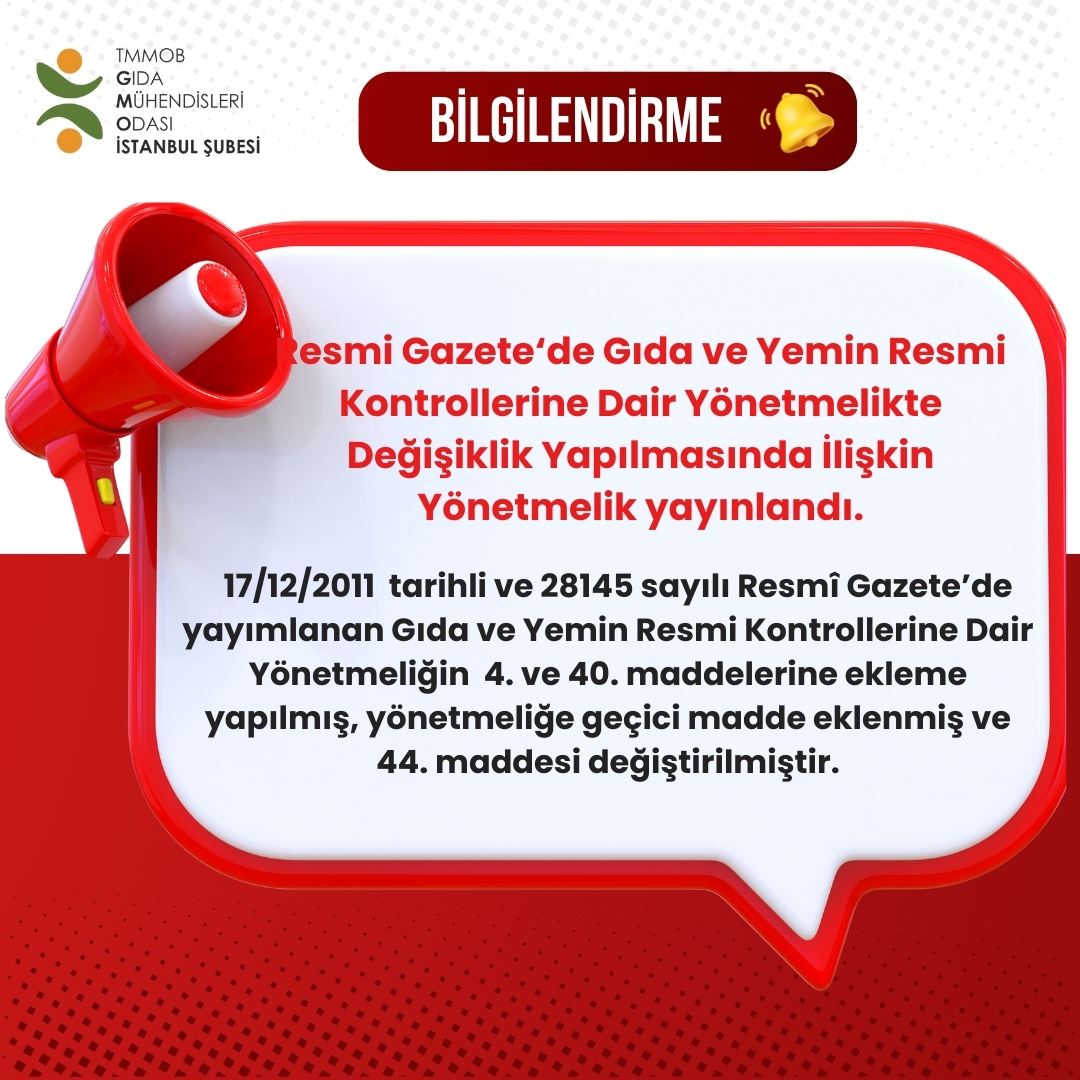 📢 Tarım ve Orman Bakanlığı tarafından, Gıda ve Yemin Resmi Kontrollerine Dair Yönetmelikte Değişiklik Yapılmasına İlişkin Yönetmelik 08.05.2025 tarih ve 32894 sayılı Resmi Gazete ’de yayımlanarak yürürlüğe girmiştir