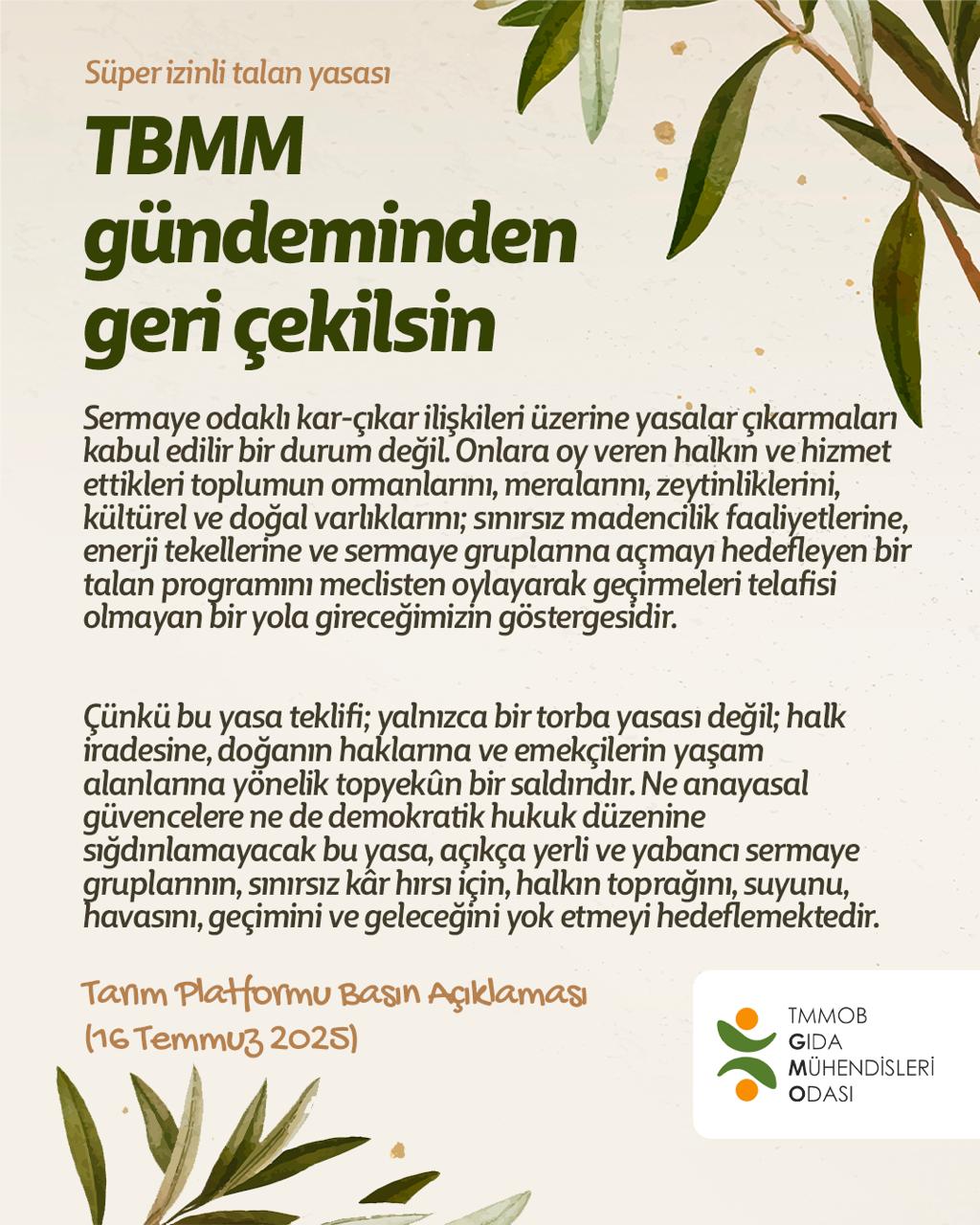 📢 TARIM PLATFORMU BASIN AÇIKLAMASI-SÜPER İZİNLİ TALAN YASASI, TBMM GÜNDEMİNDEN GERİ ÇEKİLSİN