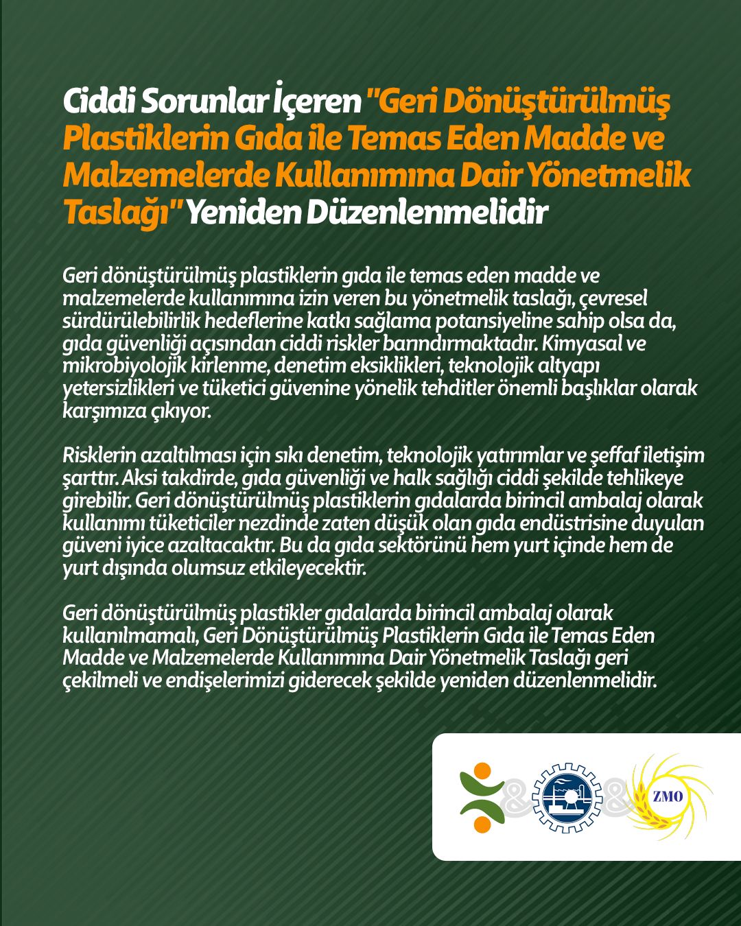 Basın Açıklaması: "Geri Dönüştürülmüş Plastiklerin Gıda ile Temas Eden Madde ve Malzemelerde Kullanımına Dair Yönetmelik Taslağı" Yeniden Düzenlenmelidir
