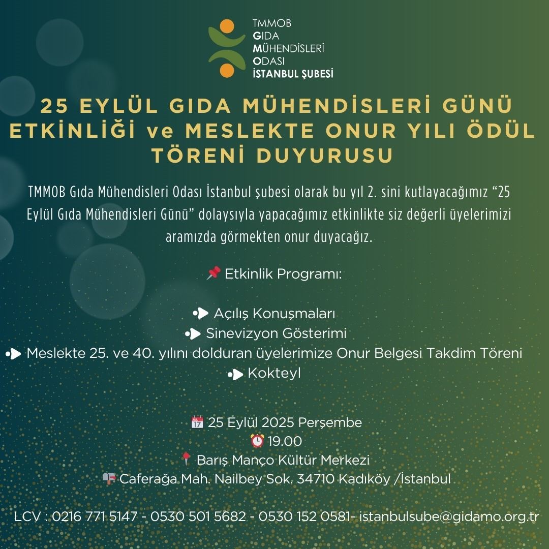 📢 25 EYLÜL GIDA MÜHENDİSLERİ GÜNÜ ETKİNLİĞİ ve MESLEKTE ONUR YILI ÖDÜL TÖRENİ DUYURUSU