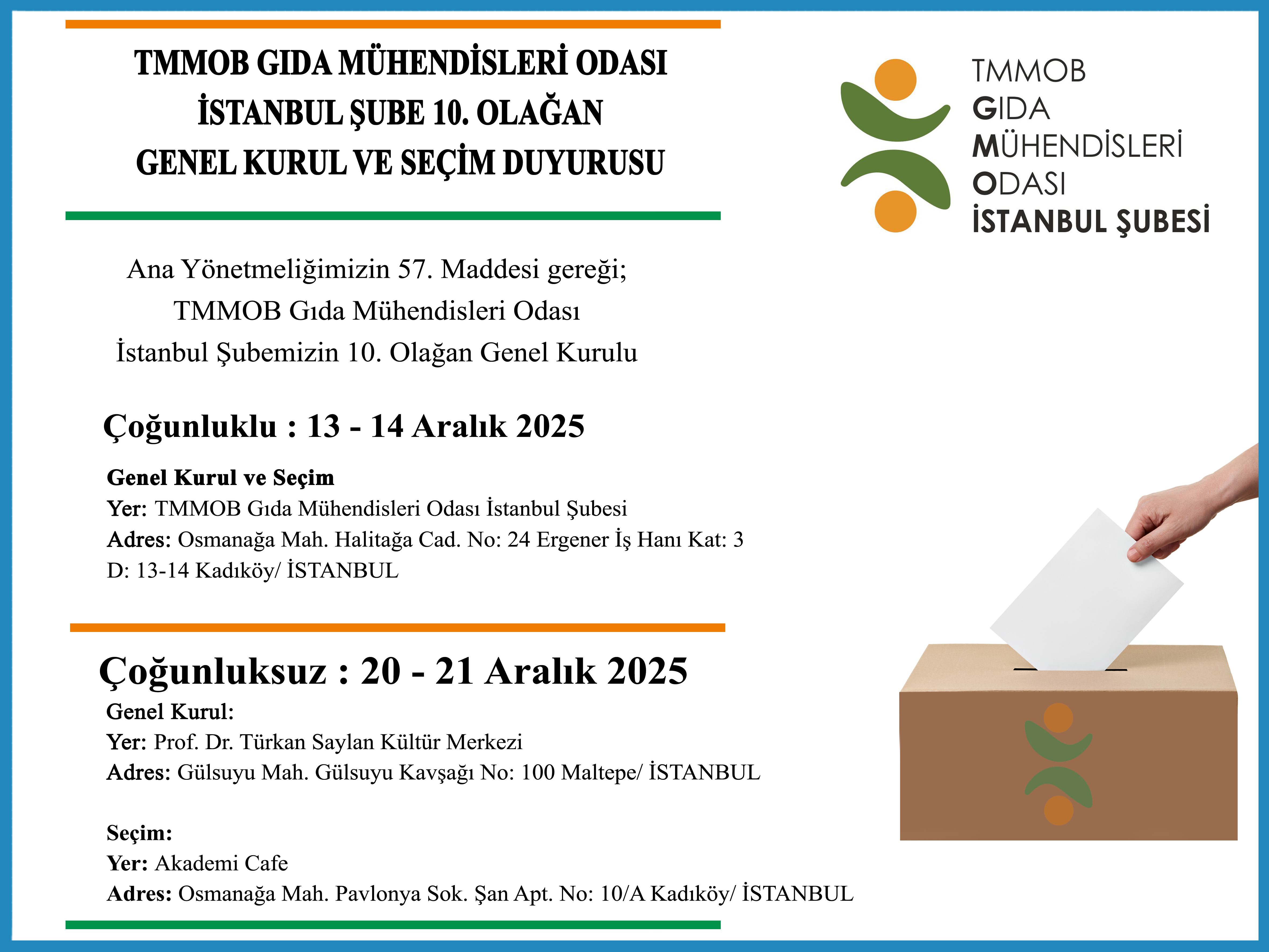 📢 TMMOB GIDA MÜHENDİSLERİ ODASI İSTANBUL ŞUBE 10. OLAĞAN GENEL KURUL ve SEÇİM DUYURUSU