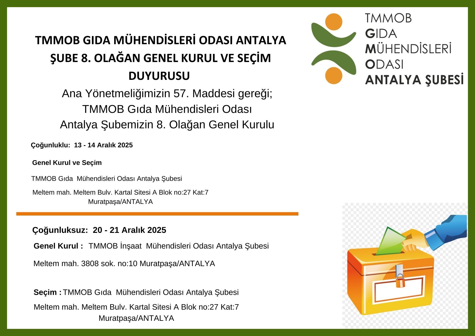 TMMOB Gıda Mühendisleri Odası Antalya Şubemizin 8.Olağan Genel Kurul ve Seçimi