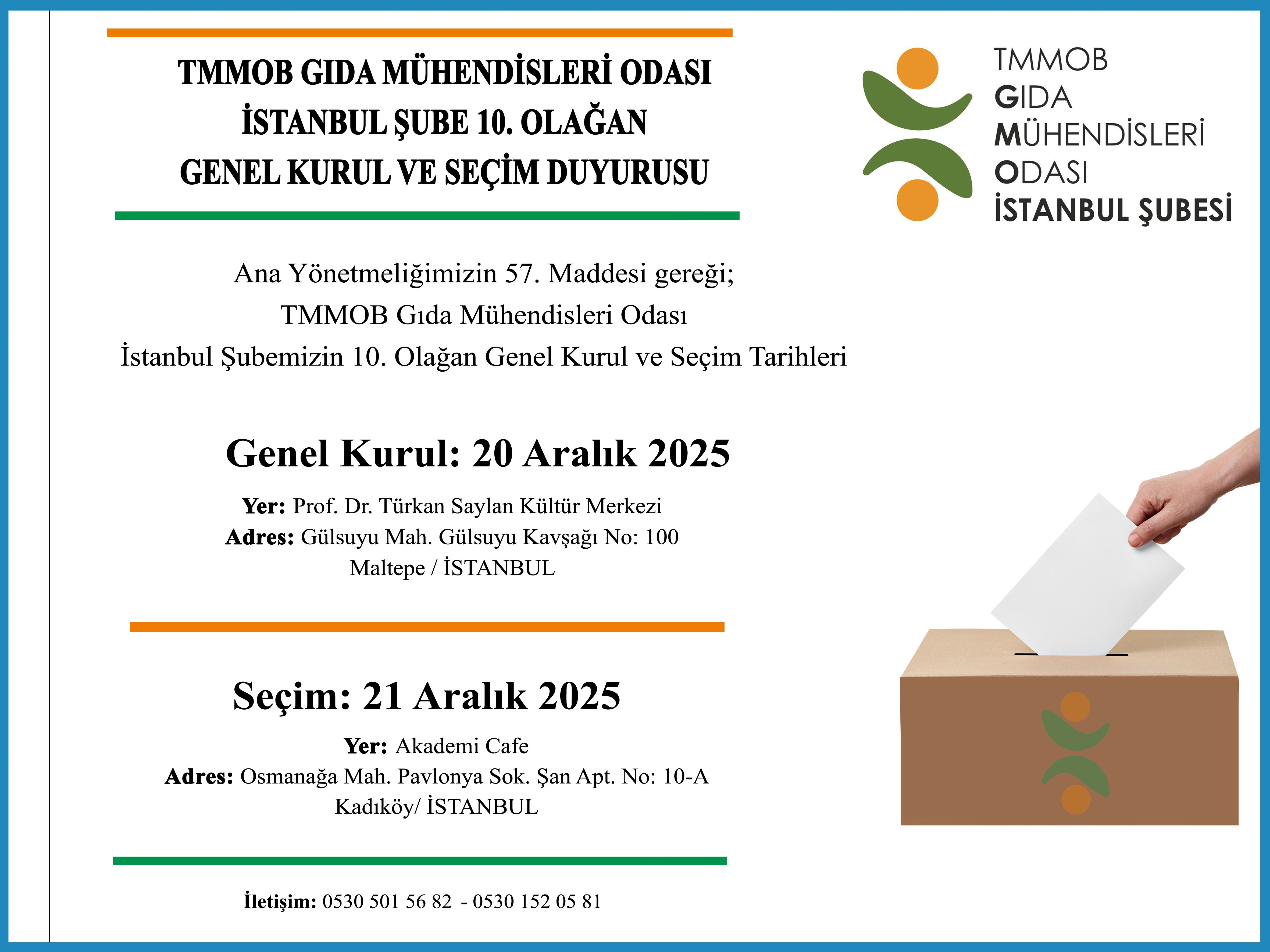 📢 TMMOB GIDA MÜHENDİSLERİ ODASI İSTANBUL ŞUBE 10. OLAĞAN GENEL KURUL ve SEÇİM DUYURUSU 20-21 ARALIK 2025
