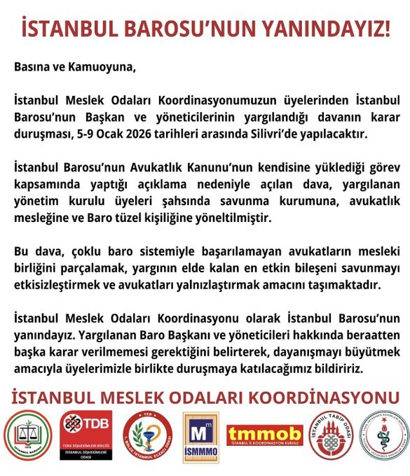 📢 TMMOB İSTANBUL İKK - İSTANBUL MESLEK ODALARI KOORDİNASYONU ORTAK AÇIKLAMAMIZ/ İSTANBUL BAROSU’NUN YANINDAYIZ!
