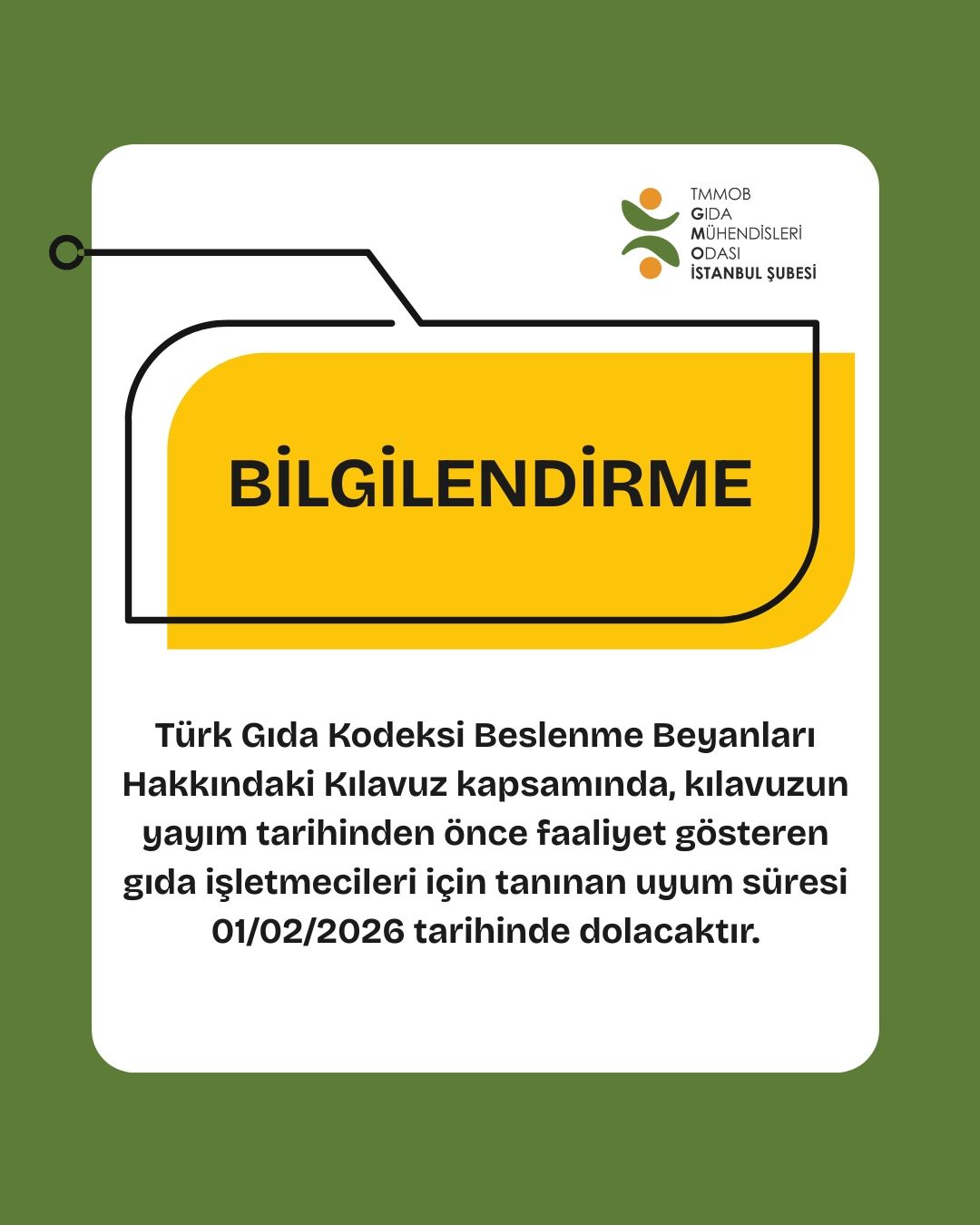 📢 BİLGİLENDİRME / BESLENME BEYANLARI KILAVUZU İÇİN TANINAN UYUM SÜRESİ 01/02/2026 TARİHİNDE SONA ERMEKTİR