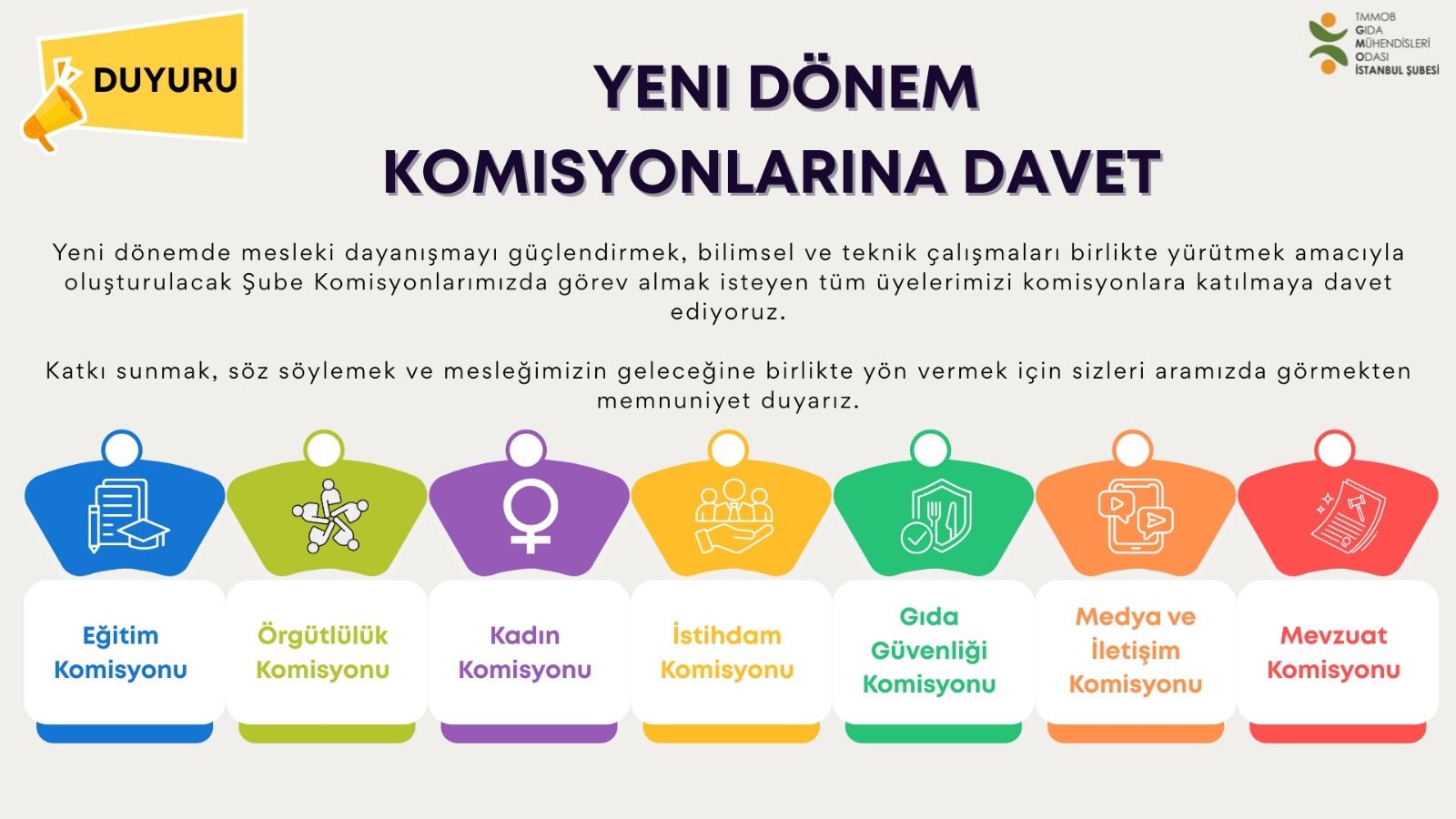 📢 TMMOB GIDA MÜHENDİSLERİ ODASI İSTANBUL ŞUBESİ YENİ DÖNEM KOMİSYONLARINA DAVET DUYURUSU – SİZ DE ARAMIZDA YER ALIN!