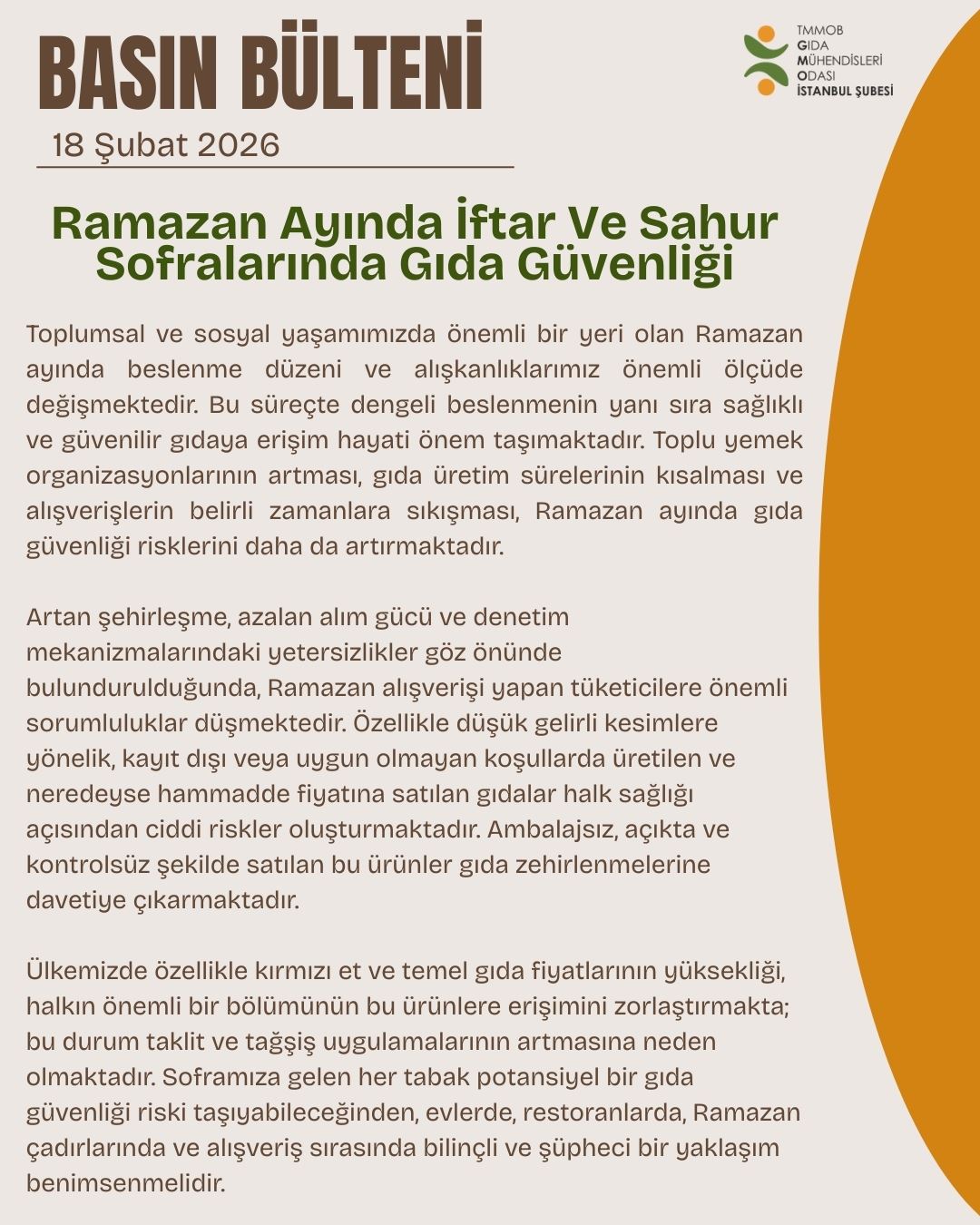 📢 BASIN AÇIKLAMASI / RAMAZAN AYINDA İFTAR VE SAHUR SOFRALARINDA GIDA GÜVENLİĞİ