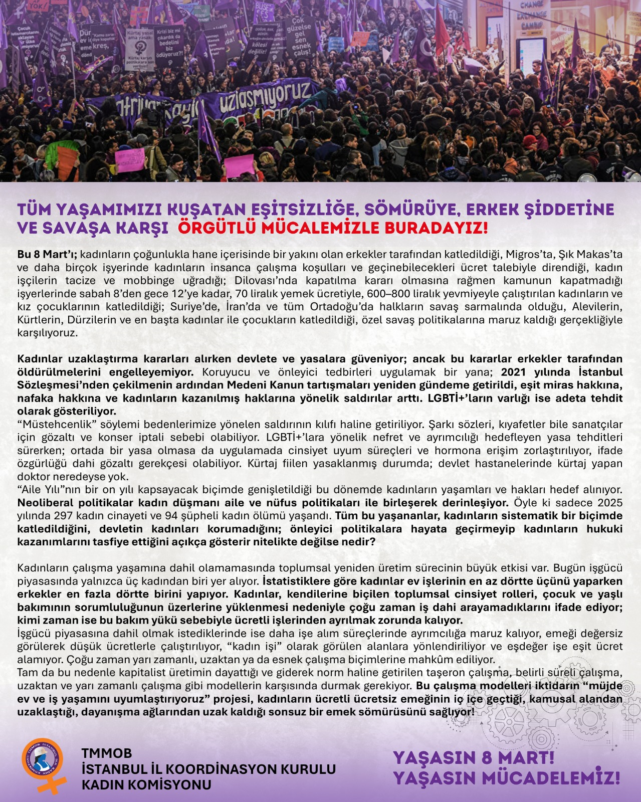 📢TMMOB'Lİ KADINLAR 8 MART BİLDİRİSİNİ YAYINLADI: TÜM YAŞAMIMIZI KUŞATAN EŞİTSİZLİĞE, SÖMÜRÜYE, ERKEK ŞİDDETİNE VE SAVAŞA KARŞI ÖRGÜTLÜ MÜCADELEMİZLE BURADAYIZ!