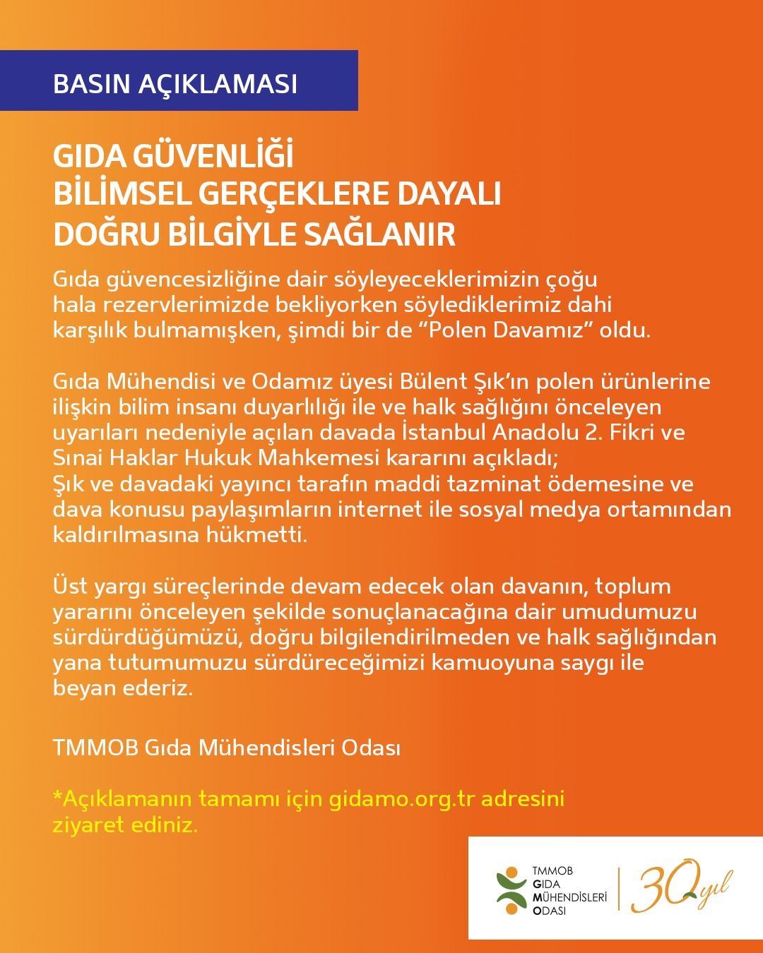 📢 BASIN AÇIKLAMASI-GIDA GÜVENLİĞİ BİLİMSEL GERÇEKLERE DAYALI DOĞRU BİLGİYLE SAĞLANIR