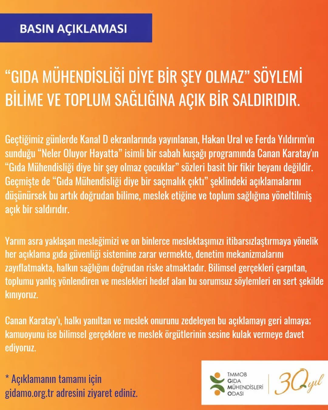 📢 Basın Açıklaması- “ Gıda Mühendisliği Diye Bir Şey Olmaz” Söylemi Bilime ve Toplum Sağlığına Açık Bir Saldırıdır