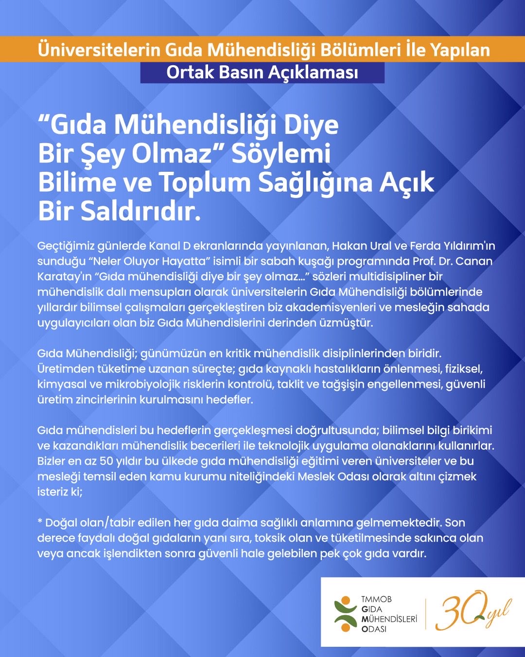 📢 Üniversitelerin Gıda Mühendisliği Bölümleri İle Yapılan Ortak Basın Açıklaması  