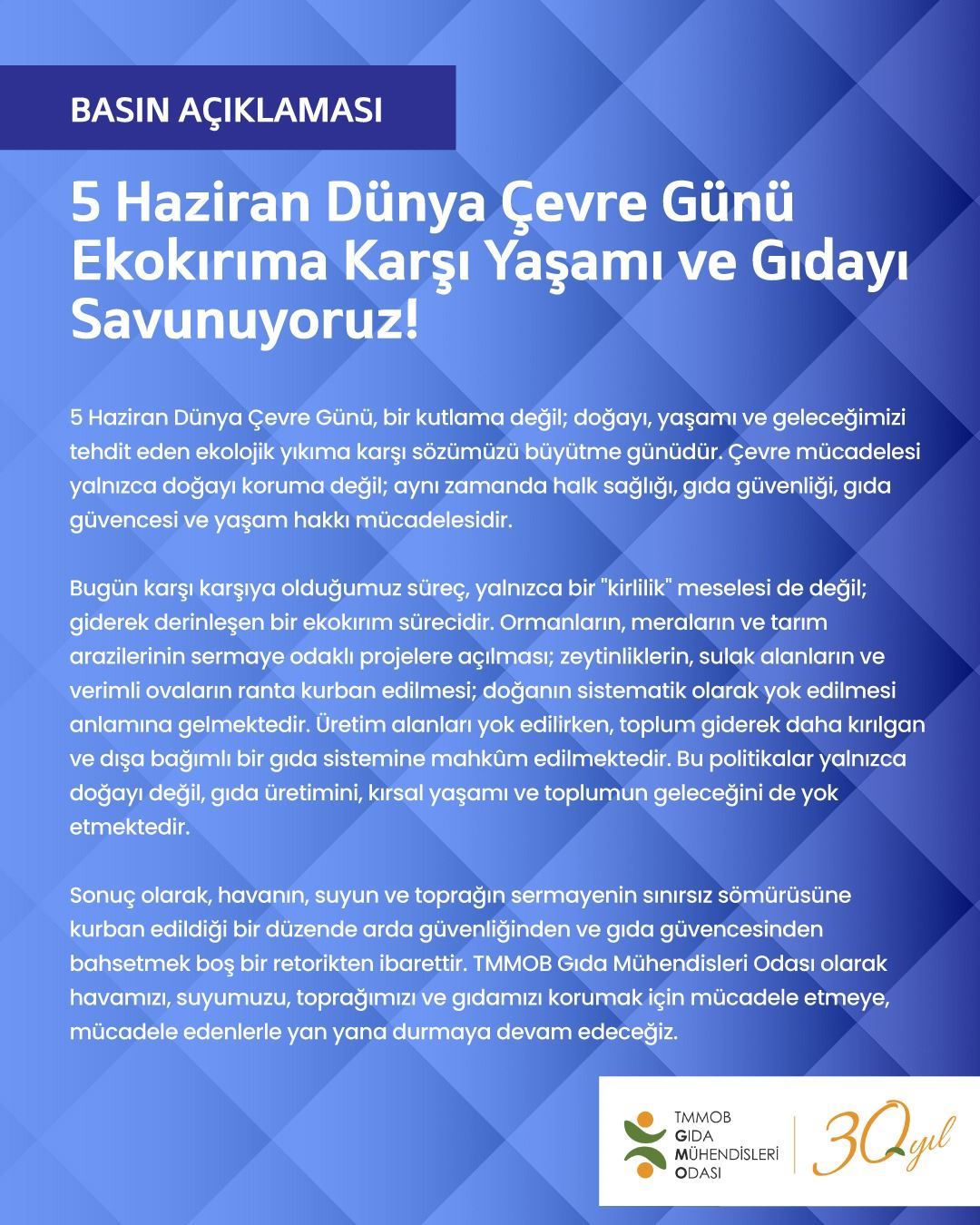 📢 Basın Açıklaması / 5 Haziran Dünya Çevre Günü - Ekokırıma Karşı Doğayı, Yaşamı ve Gıdayı Savunuyoruz!