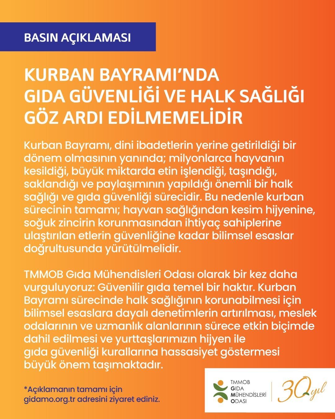 📢 BASIN AÇIKLMASI /  KURBAN BAYRAMI’NDA GIDA GÜVENLİĞİ VE HALK SAĞLIĞI GÖZ ARDI EDİLMEMELİDİR