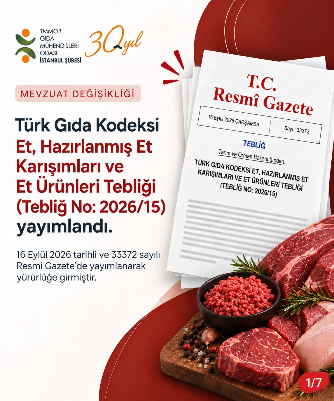 📢 16.09.2026 TARİH VE 33372 SAYILI RESMİ GAZETE / TÜRK GIDA KODEKSİ ET, HAZIRLANMIŞ ET KARIŞIMLARI VE ET ÜRÜNLERİ TEBLİĞİ (TEBLİĞ NO: 2026/15) YAYINLANDI