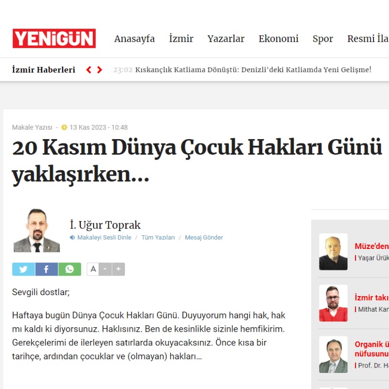 GAZETE YENİGÜN: 20 KASIM DÜNYA ÇOCUK HAKLARI GÜNÜ YAKLAŞIRKEN…