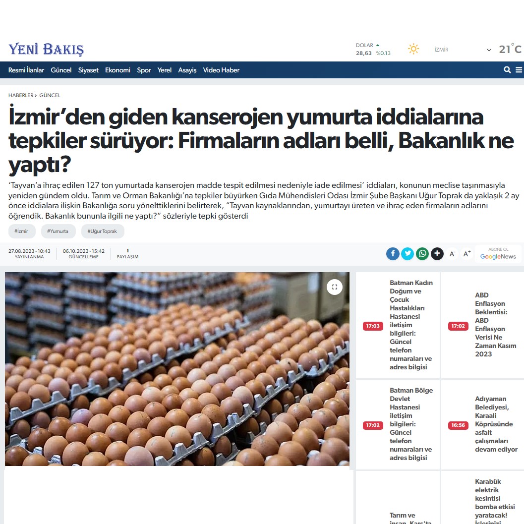 YENİ BAKIŞ: "İZMİR’DEN GİDEN KANSEROJEN YUMURTA İDDİALARINA TEPKİLER SÜRÜYOR: FİRMALARIN ADLARI BELLİ, BAKANLIK NE YAPTI?"