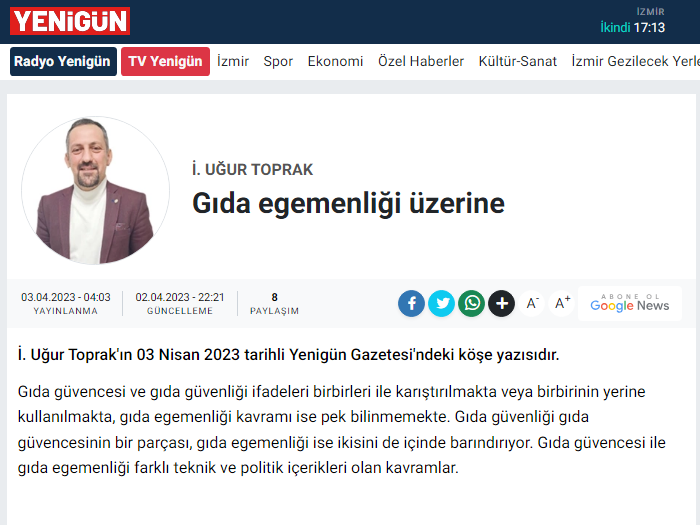 GAZETE YENİGÜN: GIDA EGEMENLİĞİ ÜZERİNE