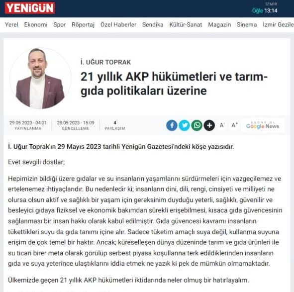 GAZETE YENİGÜN: 21 YILLIK AKP HÜKÜMETLERİ VE TARIM-GIDA POLİTİKALARI ÜZERİNE
