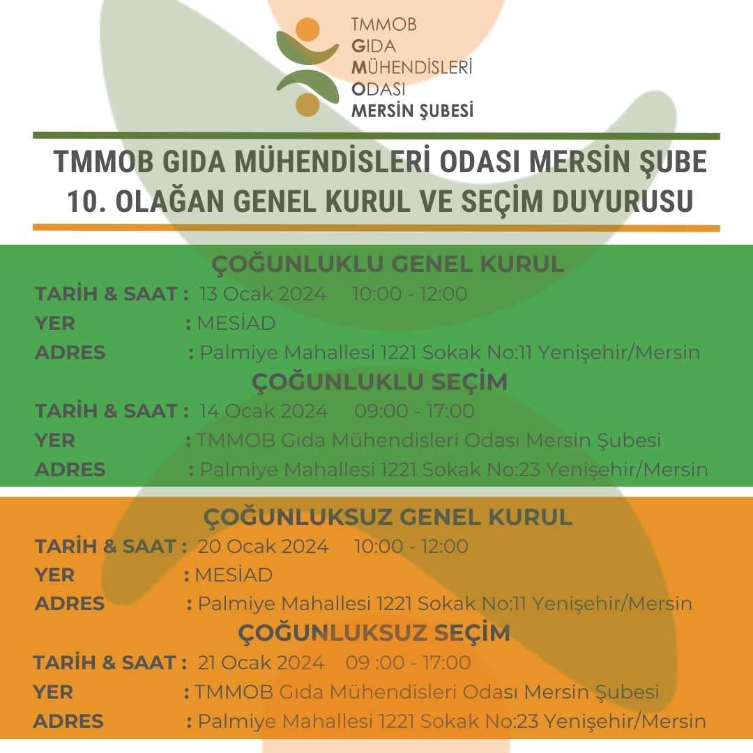 TMMOB GIDA MÜHENDİSLERİ ODASI MERSİN ŞUBE 10. OLAĞAN GENEL KURUL VE SEÇİM DUYURUSU