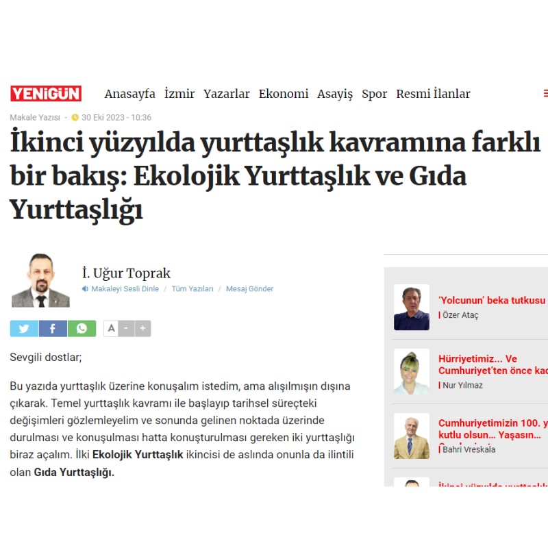 GAZETE YENİGÜN: İKİNCİ YÜZYILDA YURTTAŞLIK KAVRAMINA FARKLI BİR BAKIŞ: EKOLOJİK YURTTAŞLIK VE GIDA YURTTAŞLIĞI