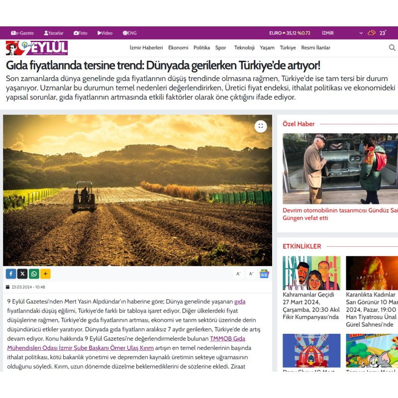 GAZETE 9 EYLÜL: "GIDA FİYATLARINDA TERSİNE TREND: DÜNYADA GERİLERKEN TÜRKİYE’DE ARTIYOR!"