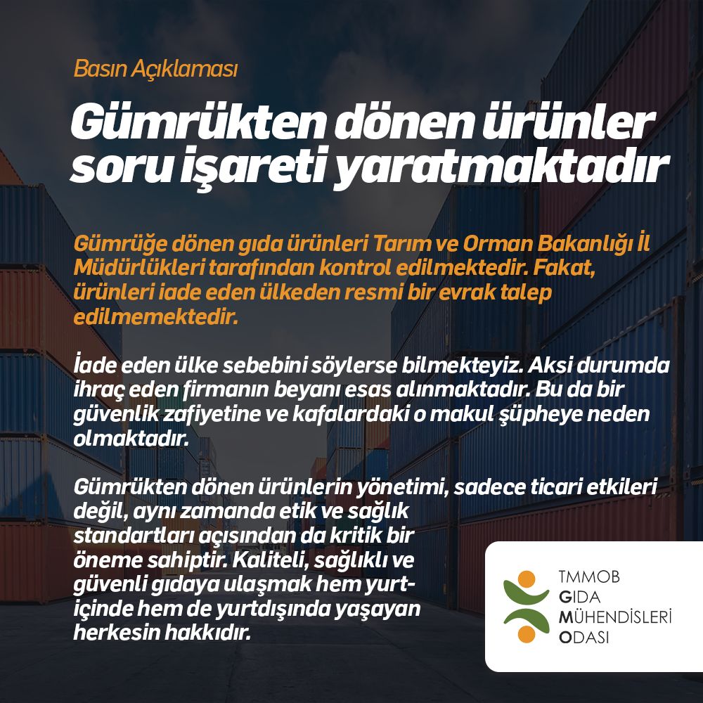 Gıda İhracatında Yaşanan Sorunlar Ve Geri Dönen Ürünler Hakkında Odamızın Basın Açıklaması.