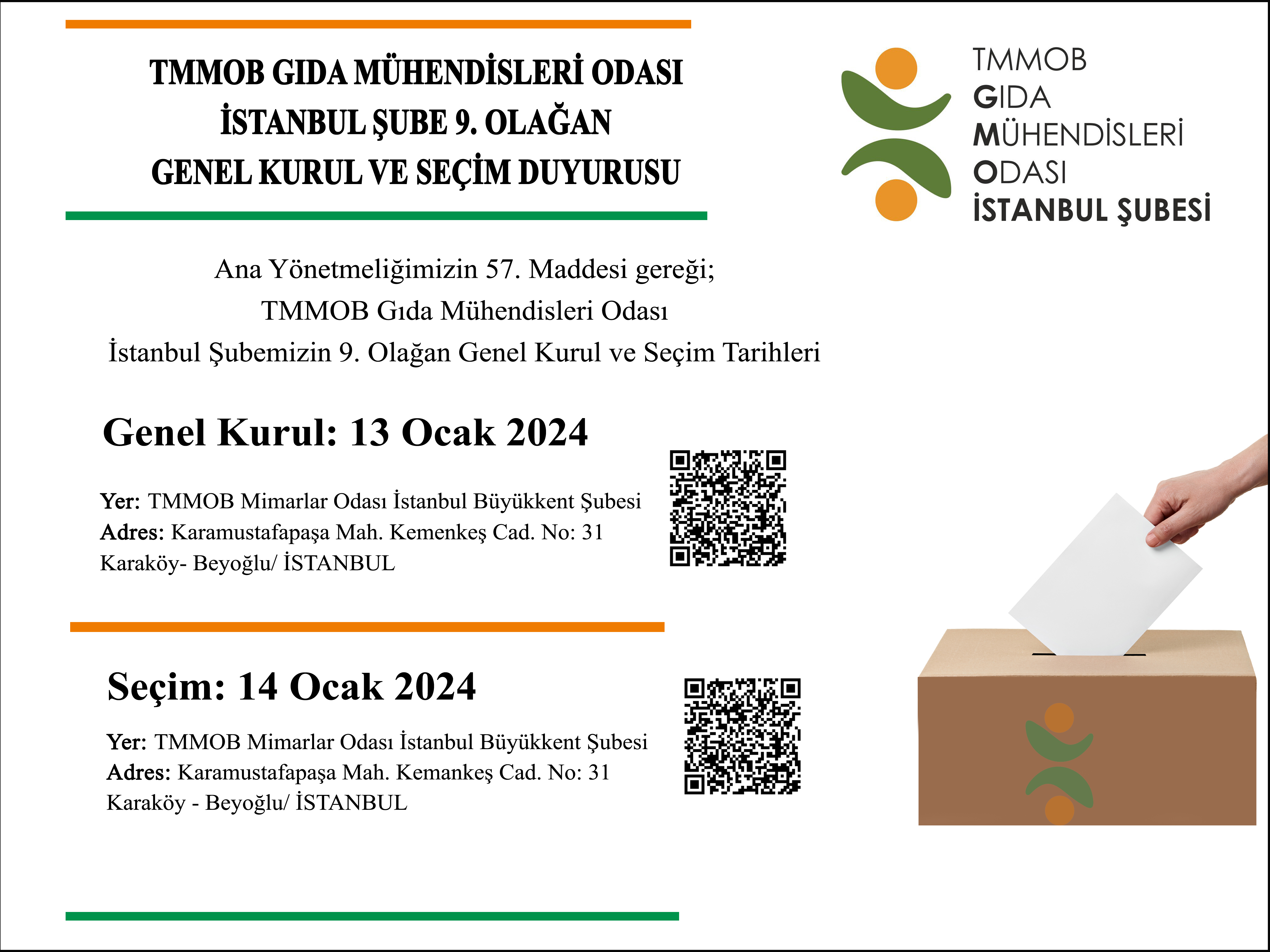 TMMOB GIDA MÜHENDİSLERİ ODASI İSTANBUL ŞUBE 9. OLAĞAN GENEL KURUL VE SEÇİM DUYURUSU