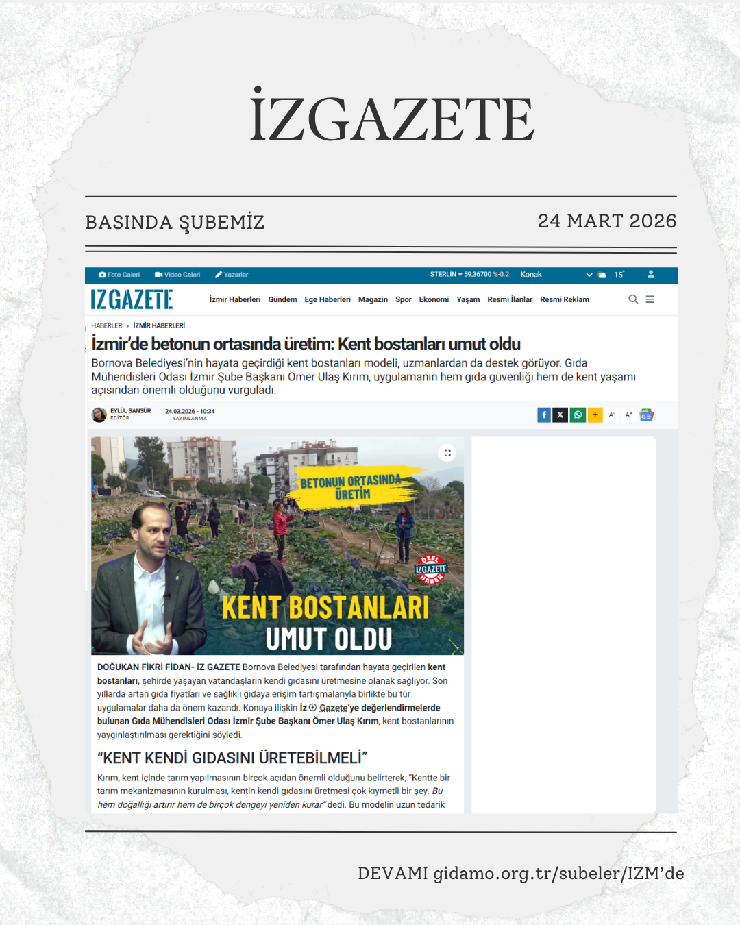 İZGAZETE: "İZMİR’DE BETONUN ORTASINDA ÜRETİM: KENT BOSTANLARI UMUT OLDU"