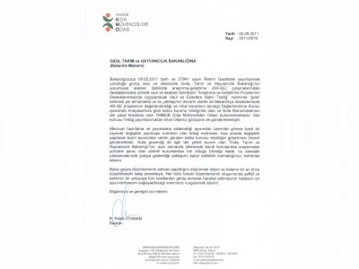 ARAŞTIRMA VE GELİŞTİRME PROJELERİNİN DESTEKLENMESİNDE UYGULANACAK USUL VE ESASLARA İLİŞKİN TEBLİĞİ HAKKINDA BAŞBAKANLIK VE GIDA TARIM VE HAYVANCILIK BAKANLIĞI İLE YAPILAN YAZIŞMALAR VE BAKANLIK CEVAP YAZISI