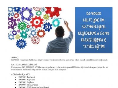 ISO 9001:2015 KALİTE YÖNETİM SİSTEMLERİ GENEL BİLGİLENDİRME VE ISO 19011 KILAVUZLUĞUNDA İÇ TETKİKÇİ EĞİTİMİ
