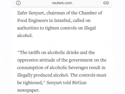 SAHTE İÇKİ VAKALARINA İLİŞKİN ŞUBE BAŞKANIMIZIN GÖRÜŞLERİ DÜNYA BASININDA YER ALDI