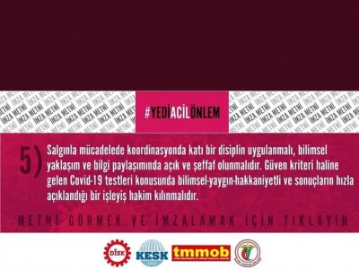 DİSK KESK TMMOB VE TTBCOVİD19 SALGINI İLE ETKİN MÜCADELE DE HALKIN SAĞLIĞINIİŞİNİ VE AŞINI KORUMAK İÇİN 7 ÖNLEM AÇIKLADI