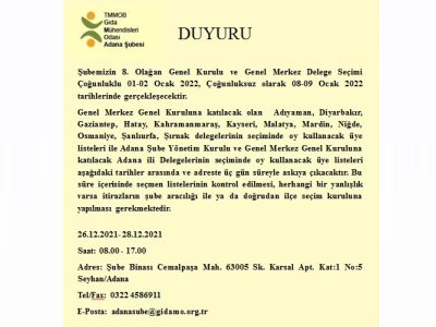 ADANA ŞUBE 8 OLAĞAN GENEL KURULU VE ODA GENEL KURULU DELEGE SEÇMEN LİSTELERİ ASKIDA