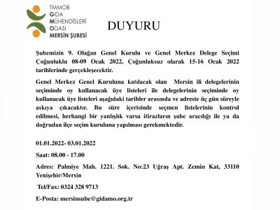 MERSİN ŞUBE 9 OLAĞAN GENEL KURULU SEÇMEN LİSTELERİ ASKIDA