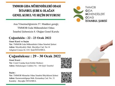 TMMOB GIDA MÜHENDİSLERİ ODASI İSTANBUL ŞUBE 8 OLAĞAN GENEL KURUL DUYURUSU