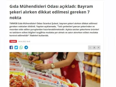 BAYRAM ŞEKERİ ALIRKEN DİKKAT EDİLMESİ GEREKEN 7 NOKTA KONULU BASIN AÇIKLAMAMIZ BASINDA YER ALDI



