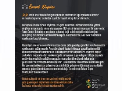 TARIM ORMAN BAKANLIĞI`NA GIDA MÜHENDİSİ İSTİHDAMI HAKKINDA ÖNEMLİ DUYURU