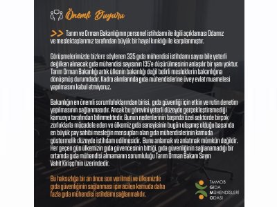 TARIM ORMAN BAKANLIĞI`NA GIDA MÜHENDİSİ İSTİHDAMI HAKKINDA ÖNEMLİ DUYURU