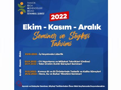 TMMOB GIDA MÜHENDİSLERİ ODASI İSTANBUL ŞUBESİEKİMKASIMARALIK 2022 SEMİNERSÖYLEŞİTAKVİMİ DUYURUSU