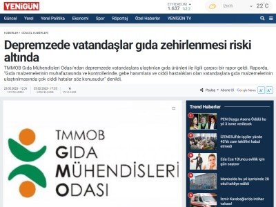 GAZETE YENİGÜN: DEPREMZEDE VATANDAŞLAR GIDA ZEHİRLENMESİ RİSKİ ALTINDA