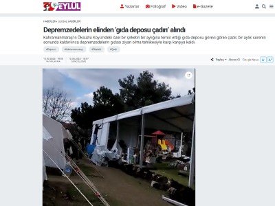 9 EYLÜL: DEPREMZEDELERİN ELİNDEN ‘GIDA DEPOSU ÇADIRI ALINDI