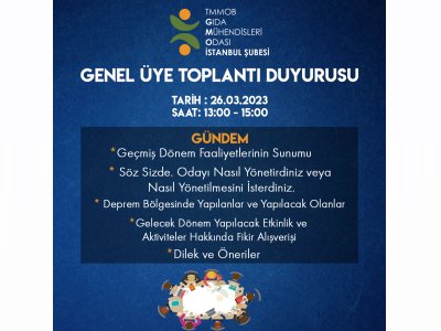 📢 TMMOB GIDAMO İSTANBUL ŞUBE GENEL ÜYE TOPLANTI DUYURUSU