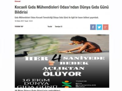 GIDA MÜHENDİSLERİ ODASI KOCAELİ TEMSİLCİLİĞİ`NDEN DÜNYA GIDA GÜNÜ AÇIKLAMASIBASINDAN